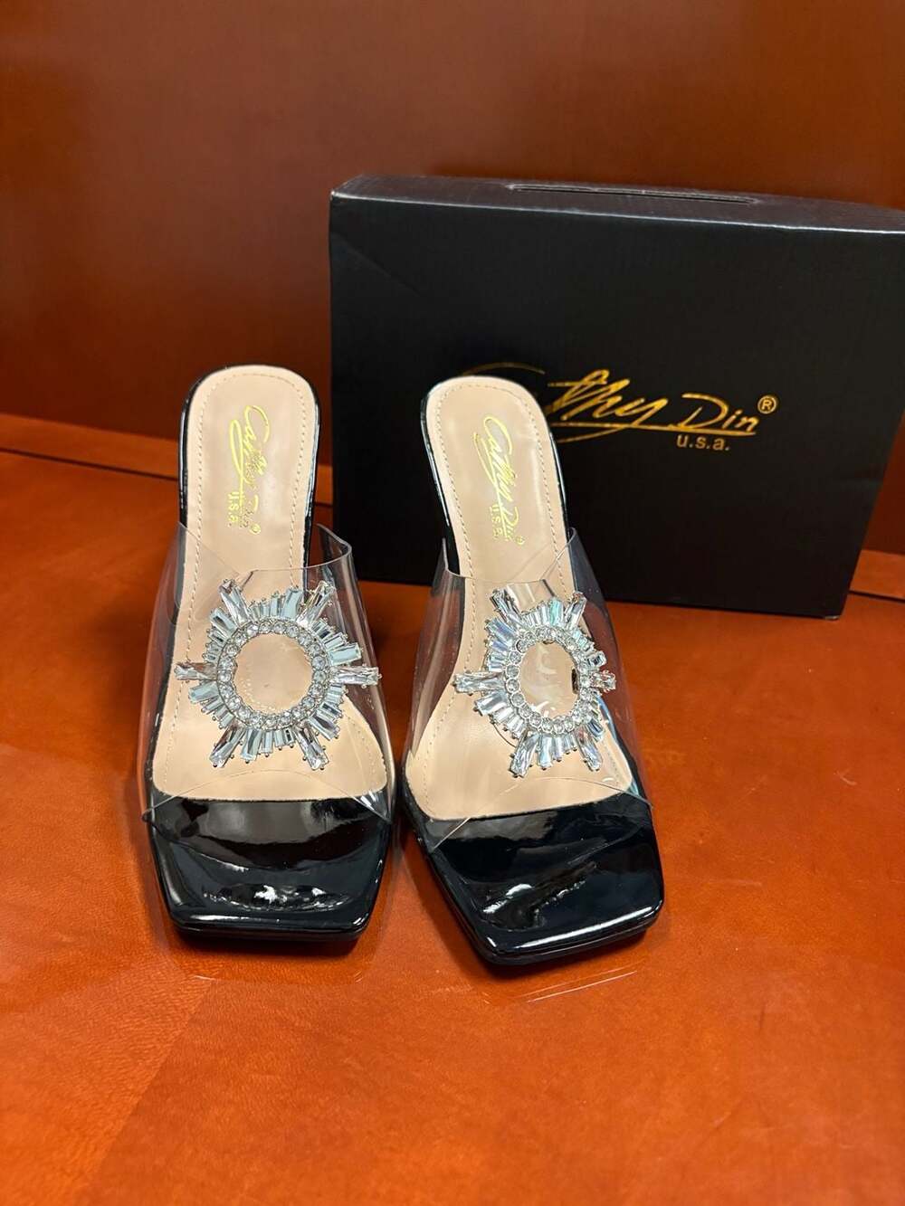 Cathy Din U.S.A. 'Violett' Clear Strap Square Toe Rhinestone Embellished Stilett